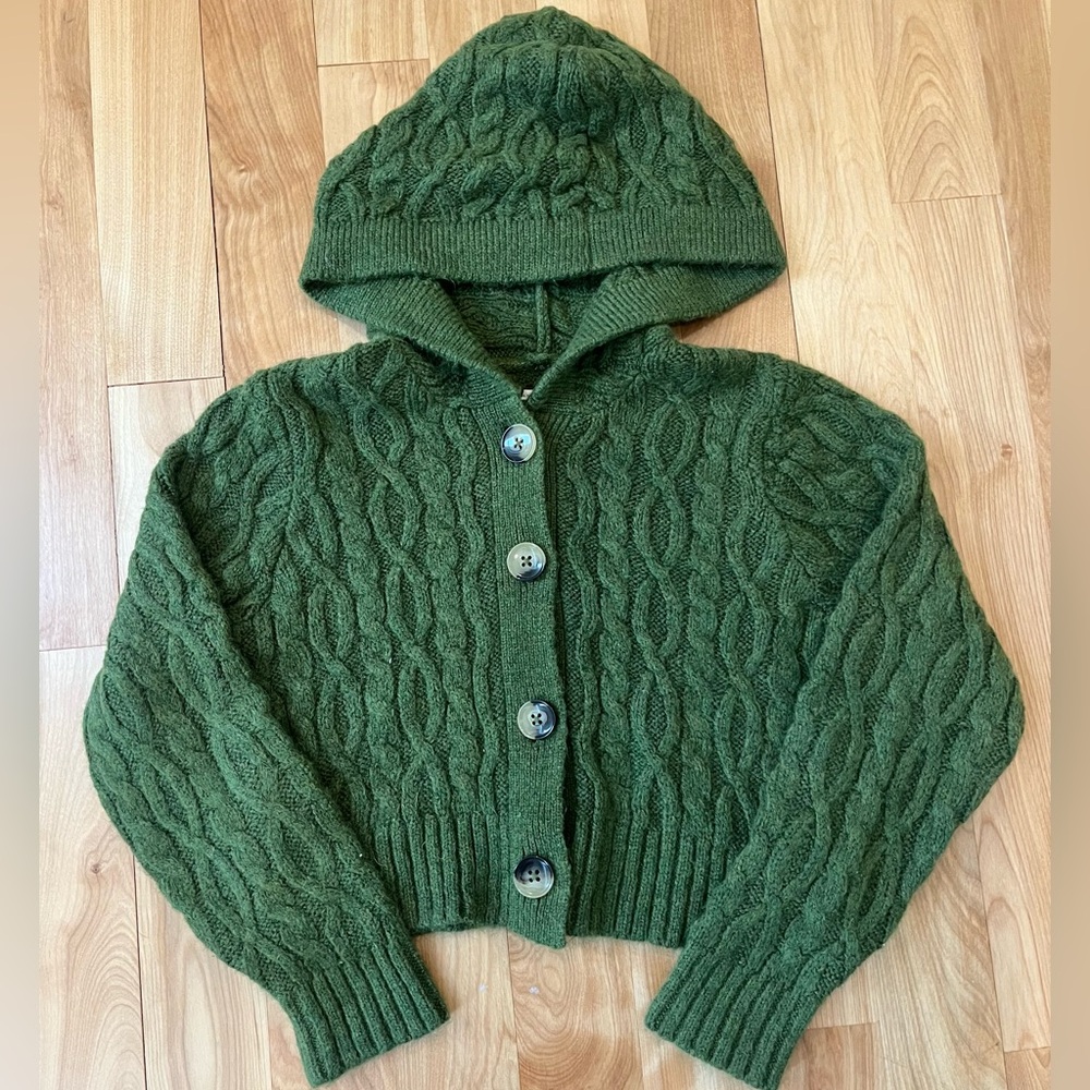 Anthropologie Forest Green Cable Knit Cropped Cardigan